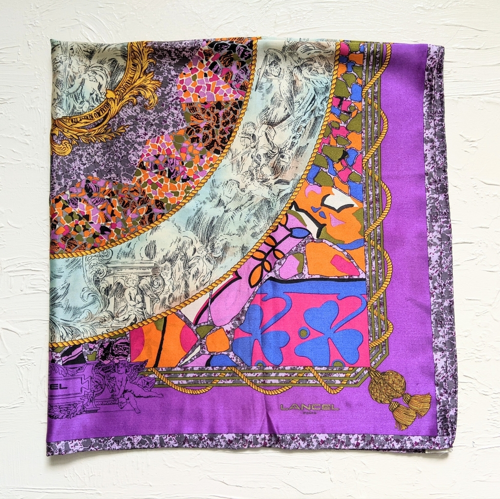 Lancel Paris Purple Floral Silk Scarf